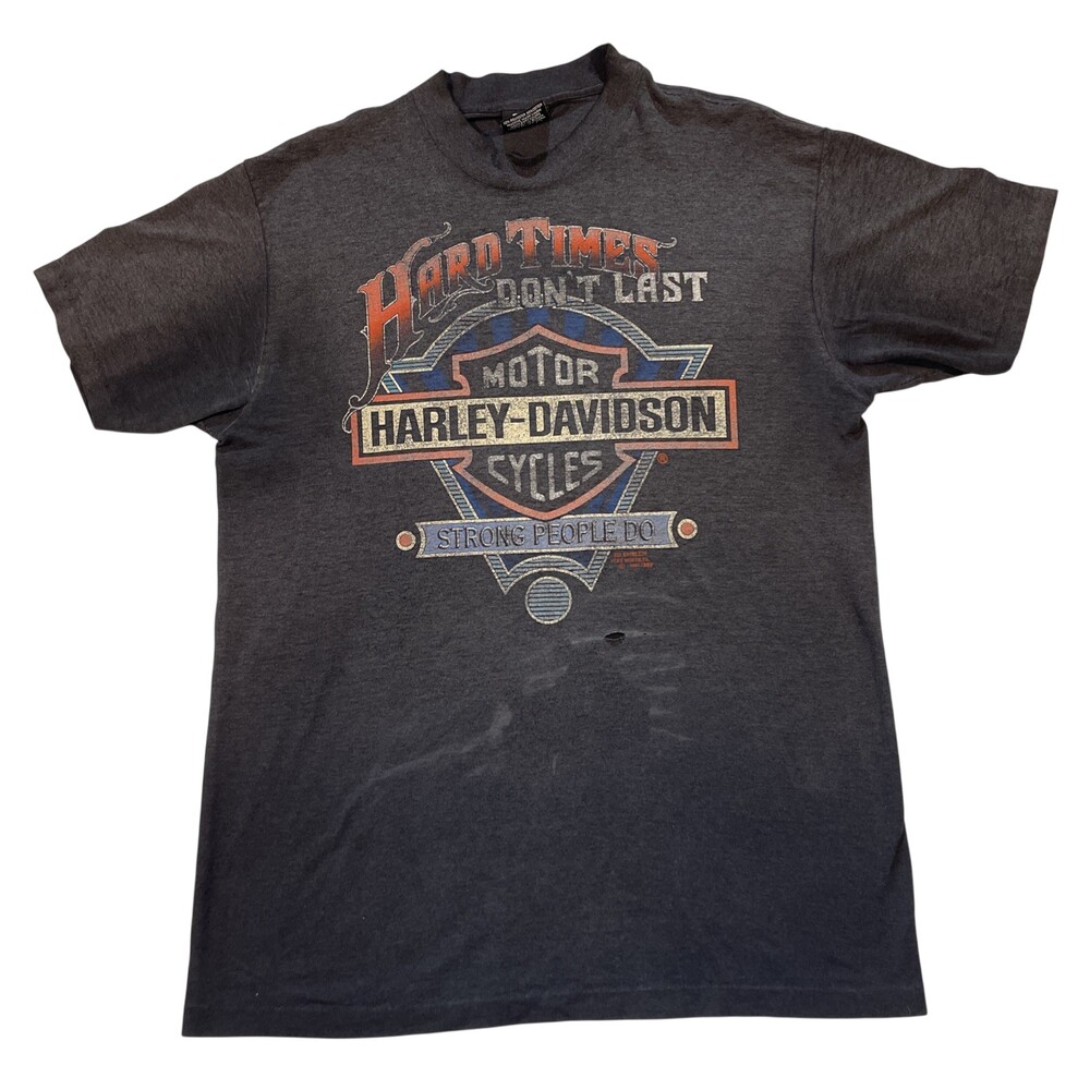 Vtg Harley Davidson 3D Emblem Hard Times Don’t Last Strong People Do Shirt 1991